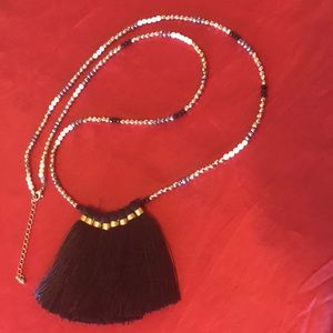 Boho Faceted glass rhinestone tassel pendent necklace silver gold cream & black